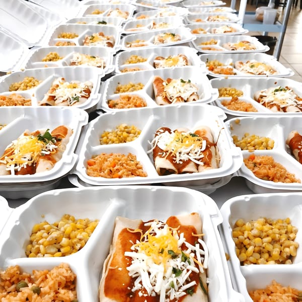 Rows of takeout containers filled with enchiladas, rice, and corn, ready for delivery.