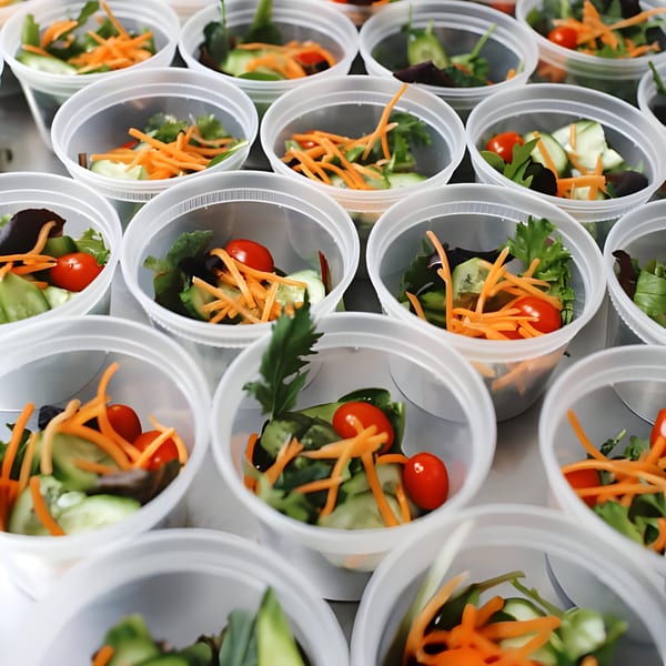 Rows of small plastic containers filled with fresh green salad, shredded carrots, and cherry tomatoes.